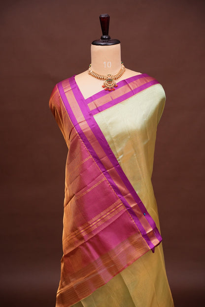 Tissue Silk Cotton Mangalgiri Kuppadam Pattu Saree - Champagne Gold and Pink