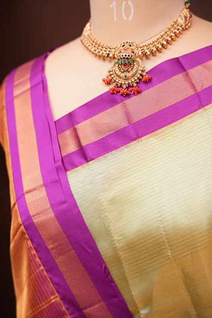 Tissue Silk Cotton Mangalgiri Kuppadam Pattu Saree - Champagne Gold and Pink