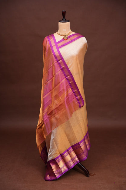 Tissue Silk Cotton Mangalgiri Kuppadam Pattu Saree - Ivory & Pink