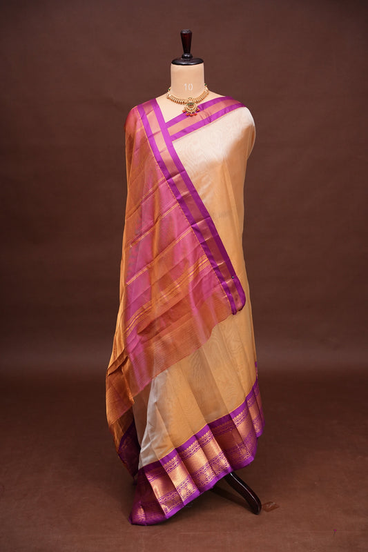 Tissue Silk Cotton Mangalgiri Kuppadam Pattu Saree - Ivory & Pink