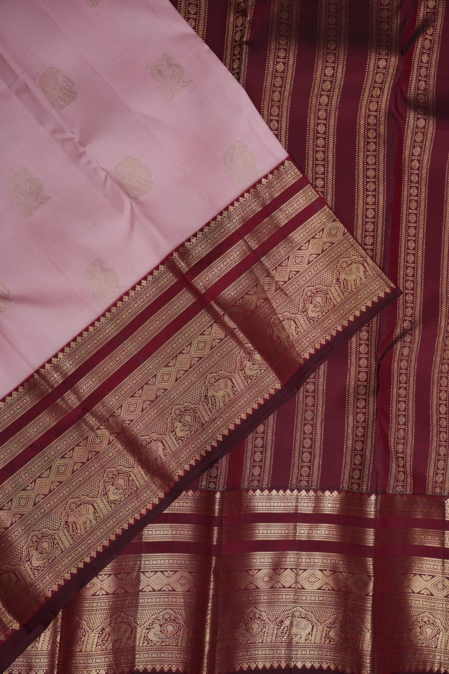 Baby Pink & Wine Pure Kanchipuram Silk Saree | Silk Mark Certified
