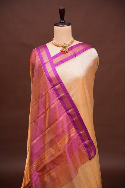 Tissue Silk Cotton Mangalgiri Kuppadam Pattu Saree - Ivory & Pink