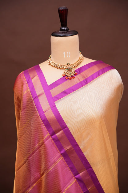 Tissue Silk Cotton Mangalgiri Kuppadam Pattu Saree - Ivory & Pink