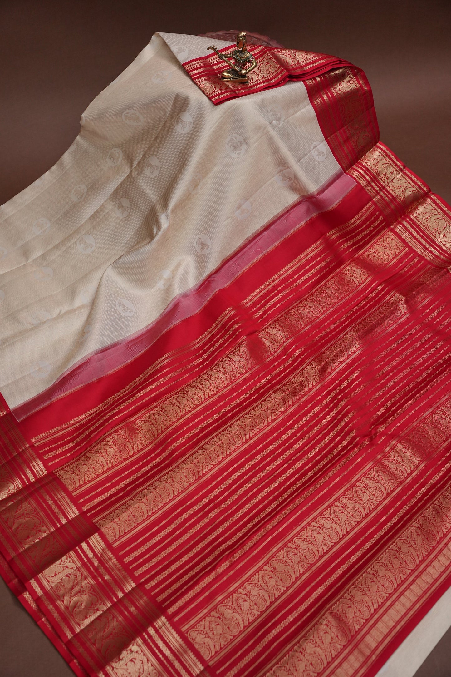 Ivory White & Deep Red Pure Kanchipuram Silk Saree | Silk Mark Certified