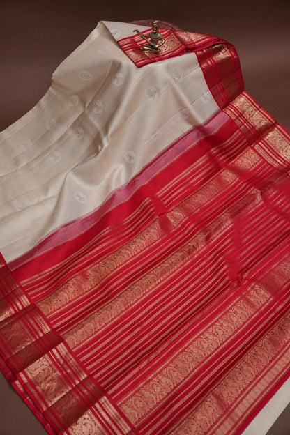 Ivory White & Deep Red Pure Kanchipuram Silk Saree | Silk Mark Certified