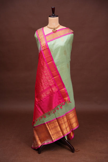 Mangalgiri Kuppadam Silk Cotton Pattu Saree - Pistachio & Pink