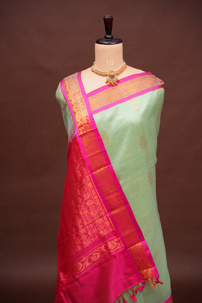 Mangalgiri Kuppadam Silk Cotton Pattu Saree - Pistachio & Pink