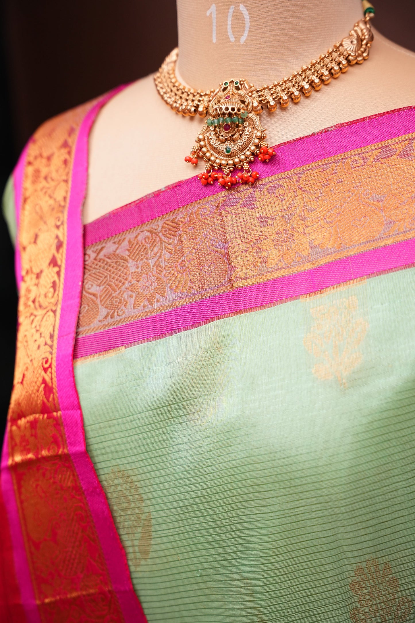 Mangalgiri Kuppadam Silk Cotton Pattu Saree - Pistachio & Pink