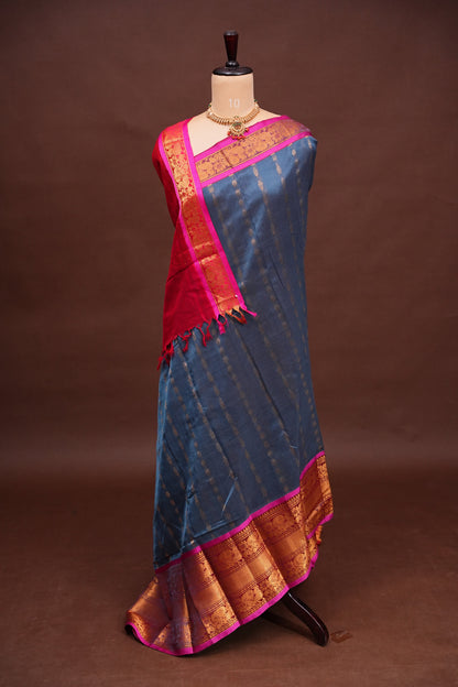 Mangalgiri Kuppadam Silk Cotton Pattu Saree - Grey & Pink