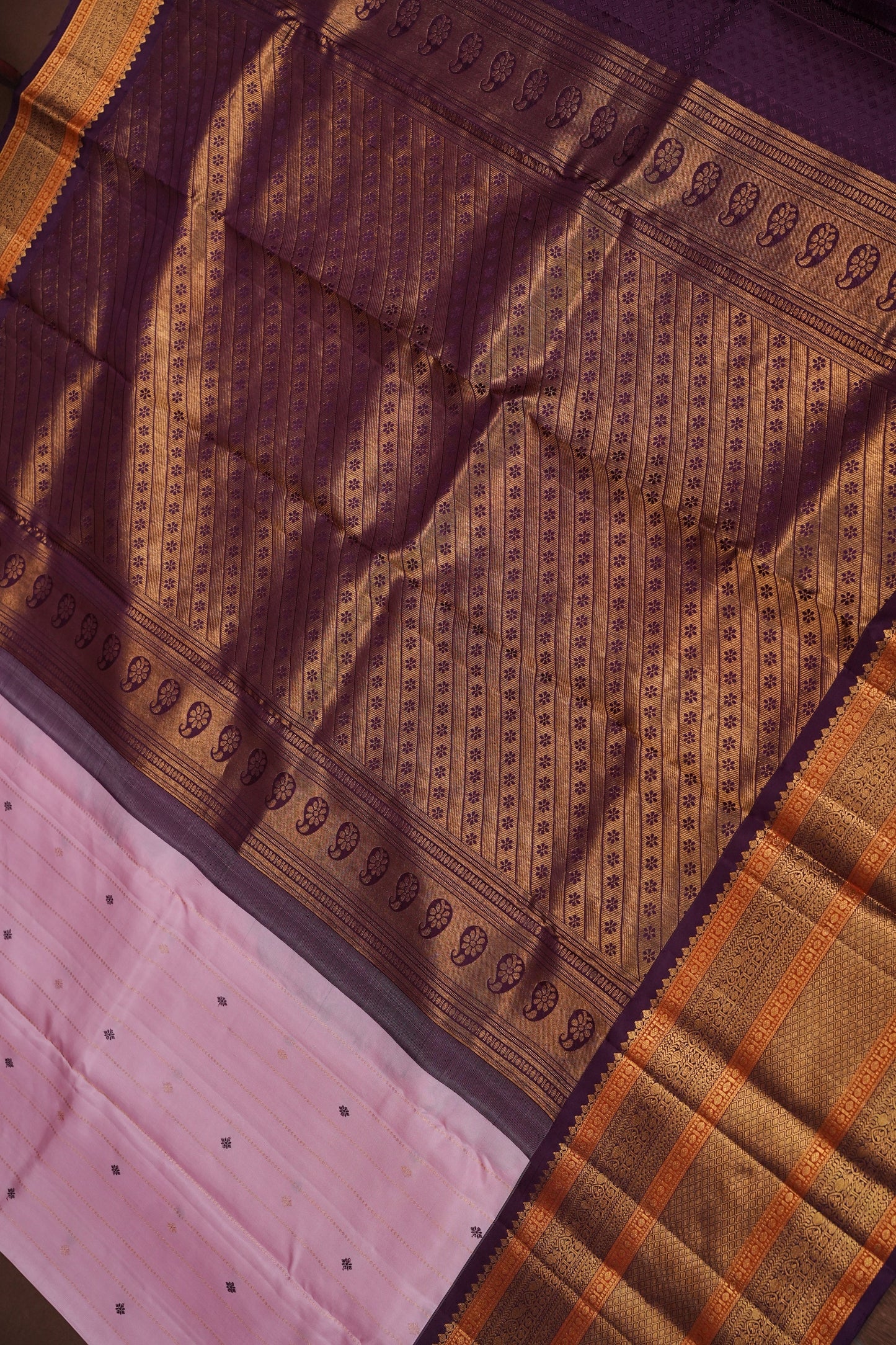 Baby Pink Pure Kanchipuram Silk Saree with Royal Violet Zari Border|Silk Mark Certified