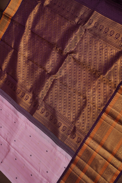 Baby Pink Pure Kanchipuram Silk Saree with Royal Violet Zari Border|Silk Mark Certified