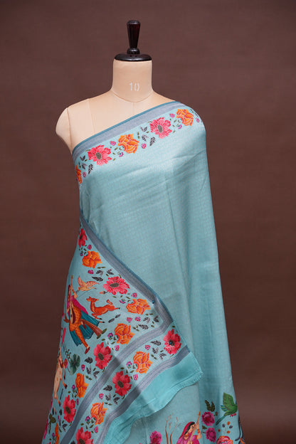 Kashmiri Pashmina Mellow Tissue Banarasi Saree - Aqua Blue