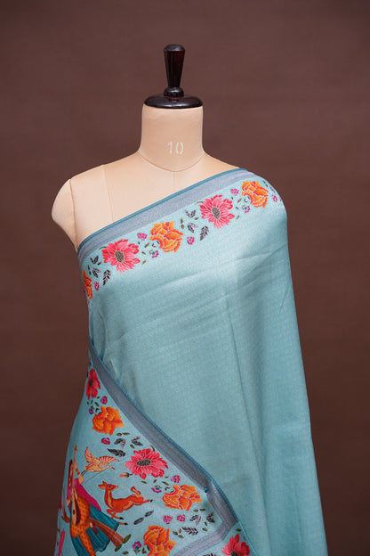 Kashmiri Pashmina Mellow Tissue Banarasi Saree - Aqua Blue