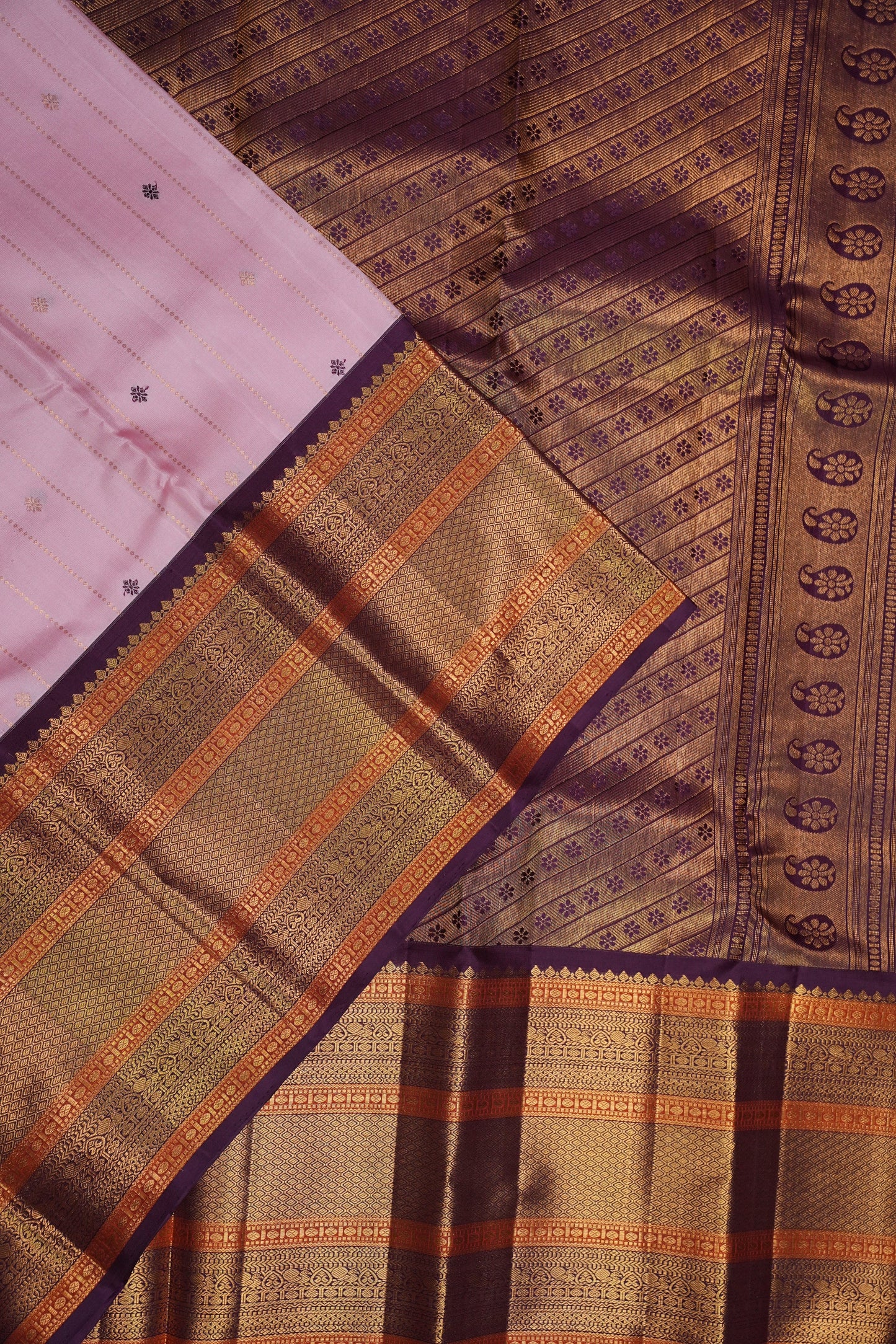 Baby Pink Pure Kanchipuram Silk Saree with Royal Violet Zari Border|Silk Mark Certified