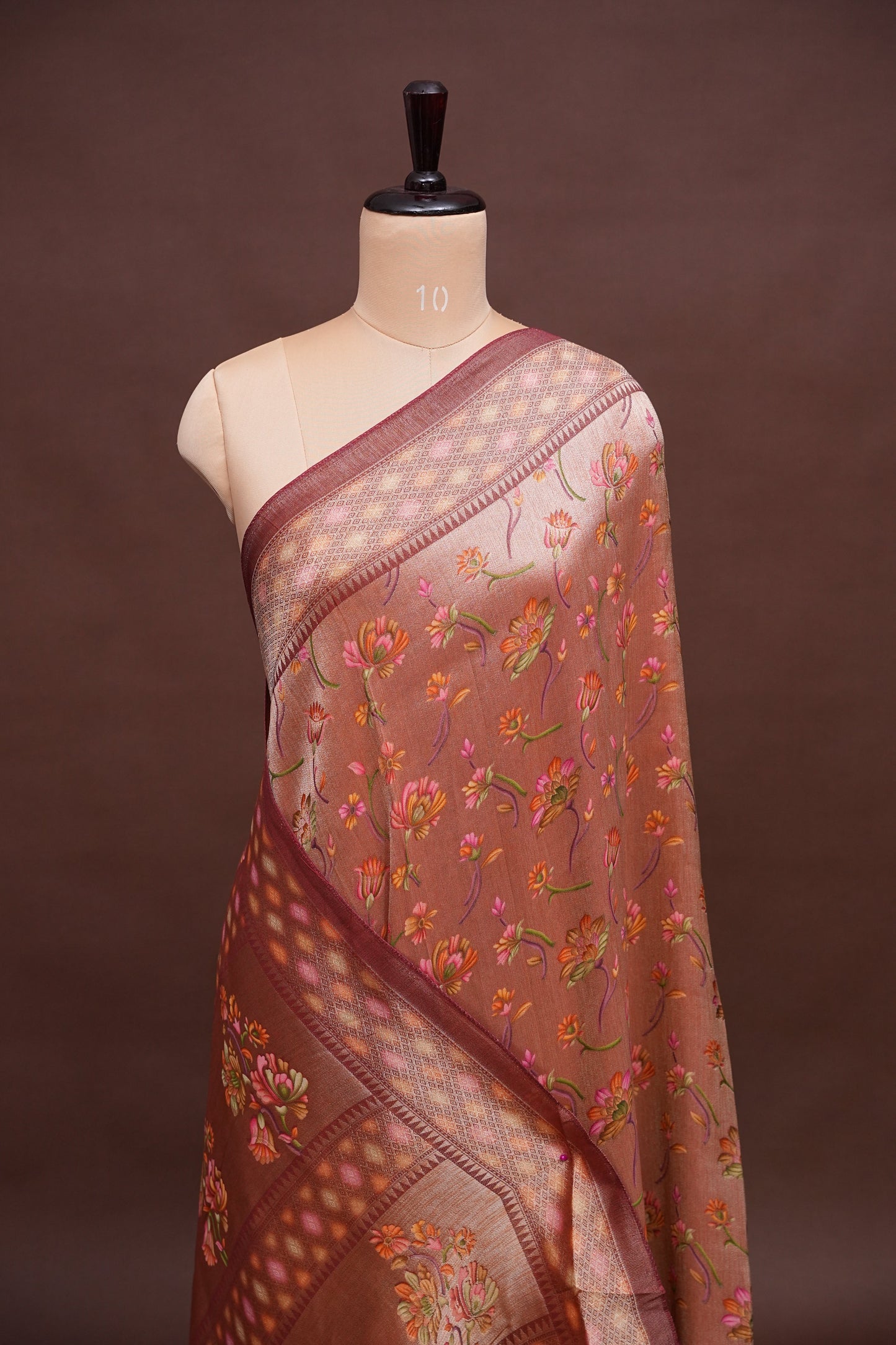 Kashmiri Pashmina Mellow Tissue Banarasi Saree - Rosewood Brown