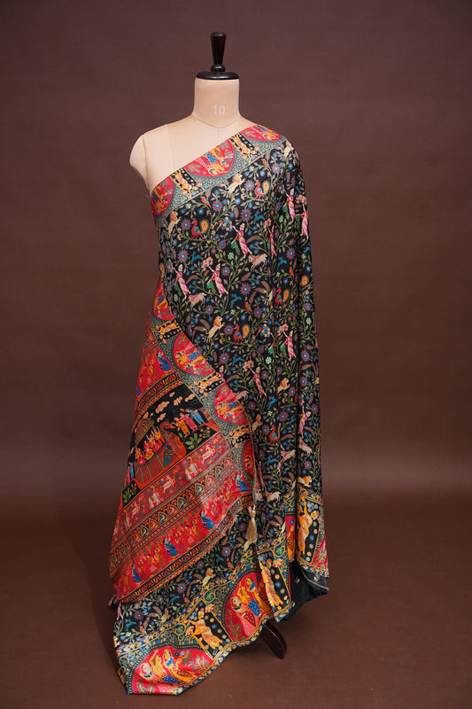 Kashmiri Pashmina Banarasi Story Telling Saree - Black