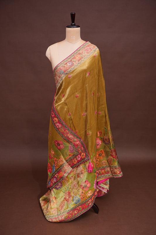 Kashmiri Pashmina Mellow Tissue Banarasi Saree - Mustard Gold