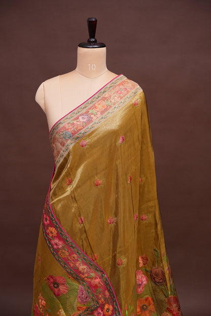 Kashmiri Pashmina Mellow Tissue Banarasi Saree - Mustard Gold