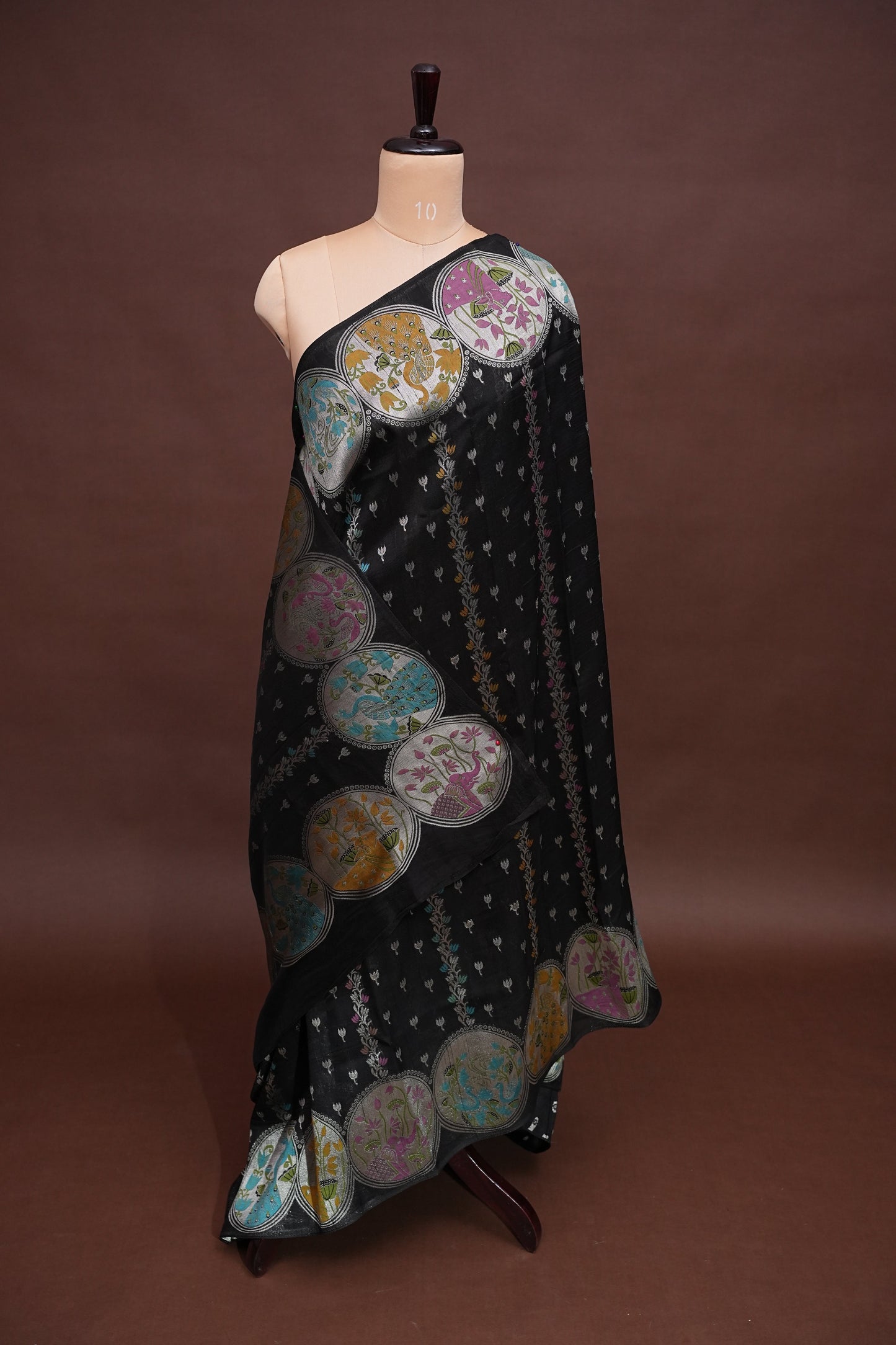 Tussar Banarasi Raw Silk Saree with Multicolour Floral Paithani & Shikargah Border – Black