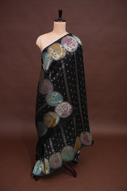 Tussar Banarasi Raw Silk Saree with Multicolour Floral Paithani & Shikargah Border – Black