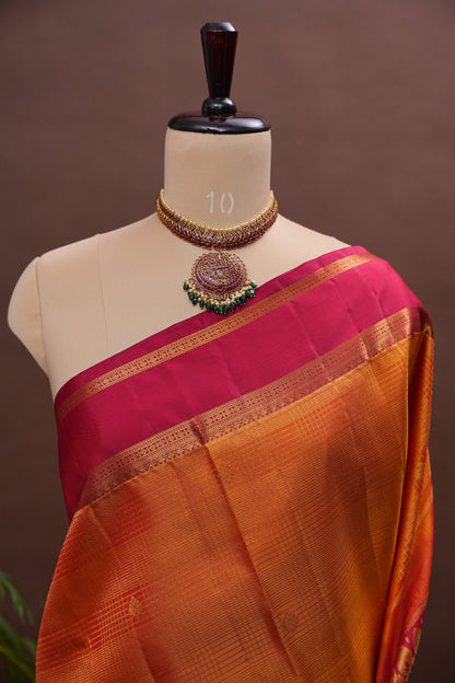 Mustard Gold & Deep Red Pure Kanchipuram Silk Saree | Silk Mark Certified
