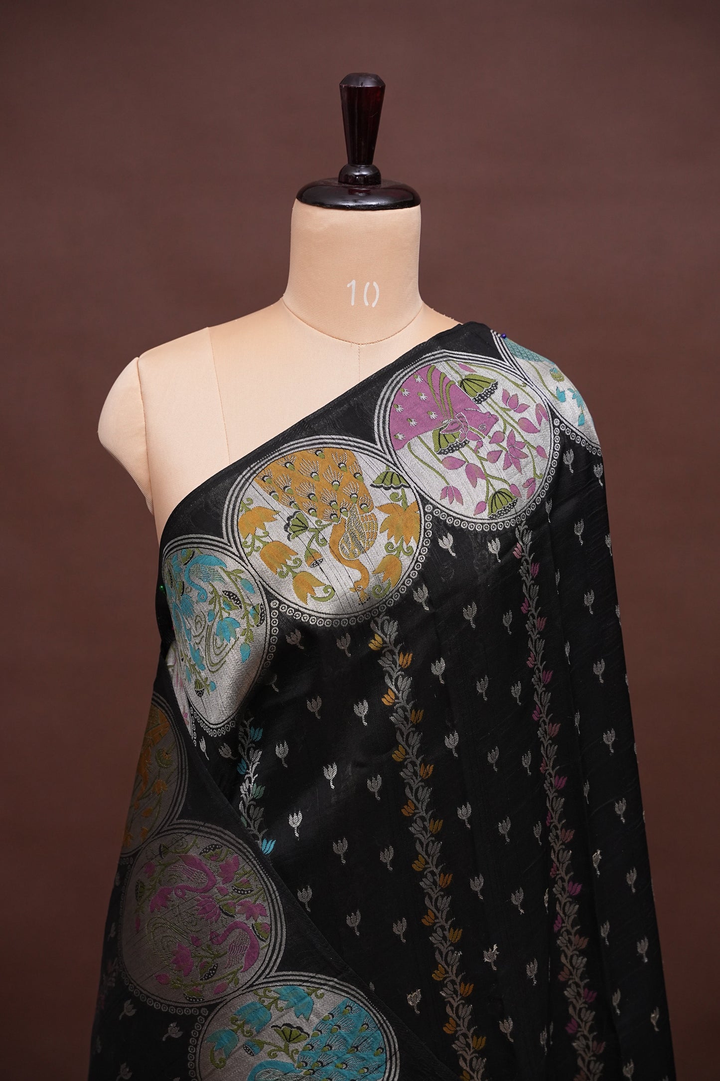 Tussar Banarasi Raw Silk Saree with Multicolour Floral Paithani & Shikargah Border – Black