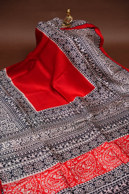 Purely Handpainted Classic On Pure Tussar Silk Saree - Red & Black|Silk Mark Certified