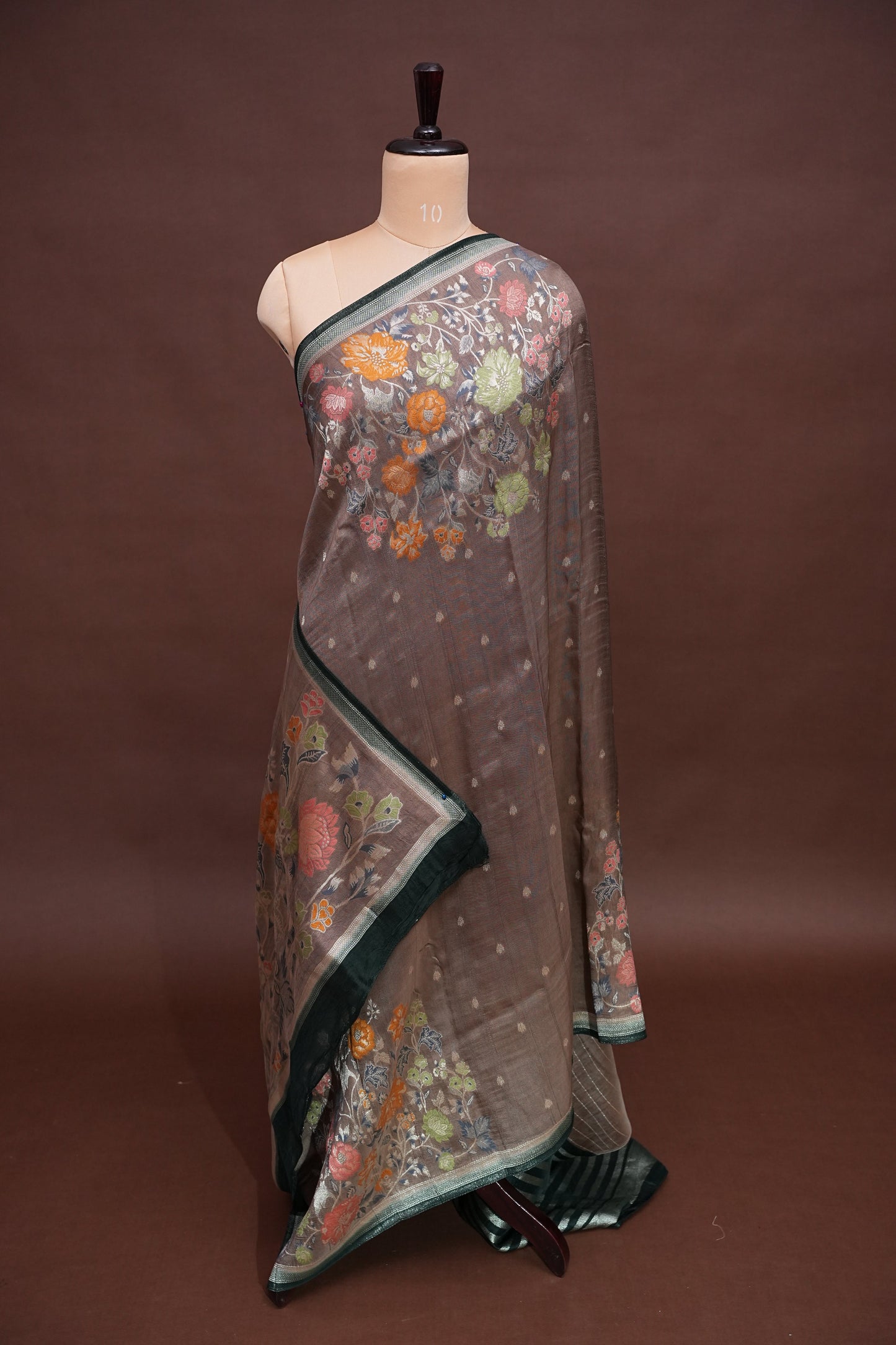 Tussar Banarasi Raw Silk Saree with Floral Digital Prints - Charcoal Grey