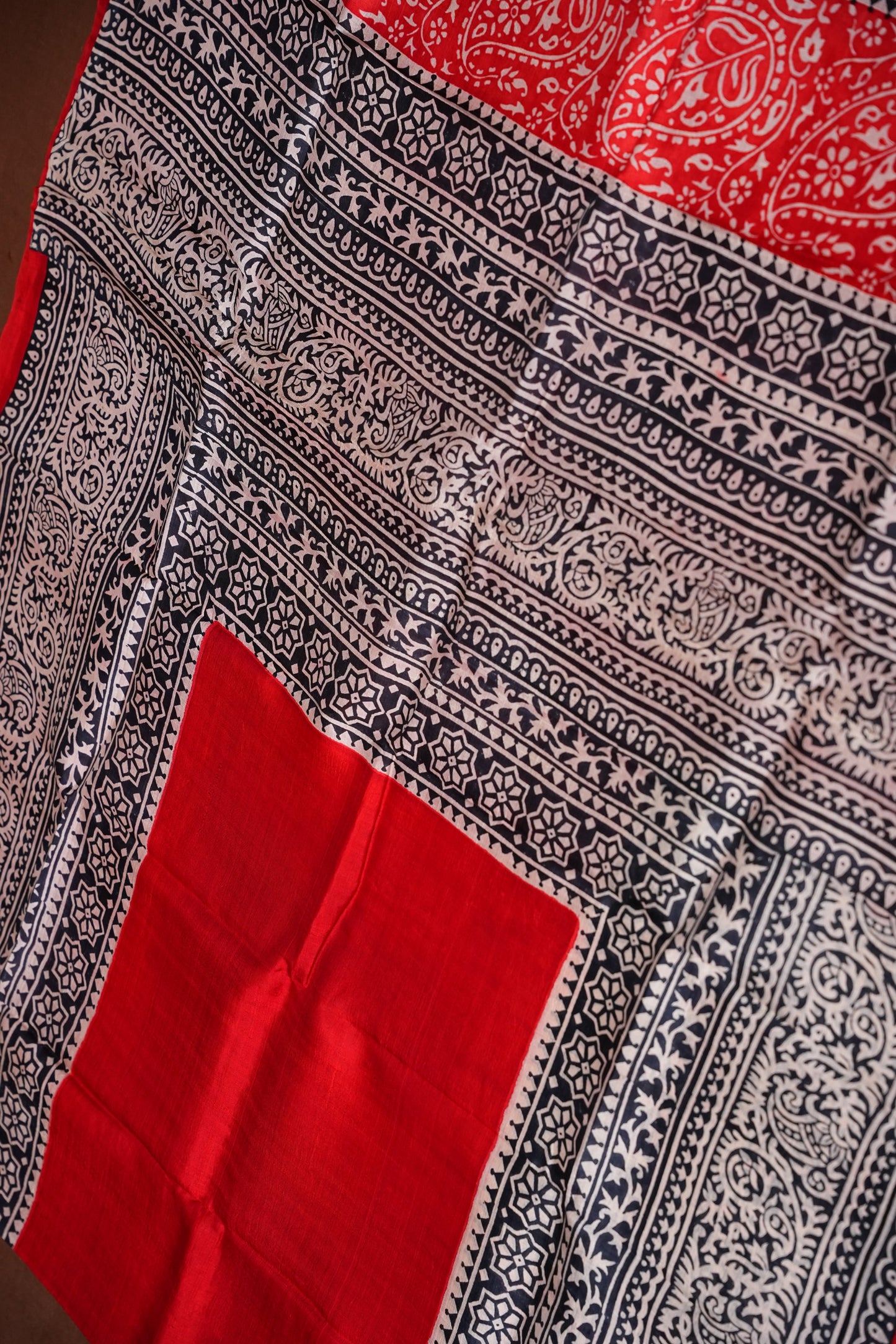 Purely Handpainted Classic On Pure Tussar Silk Saree - Red & Black|Silk Mark Certified