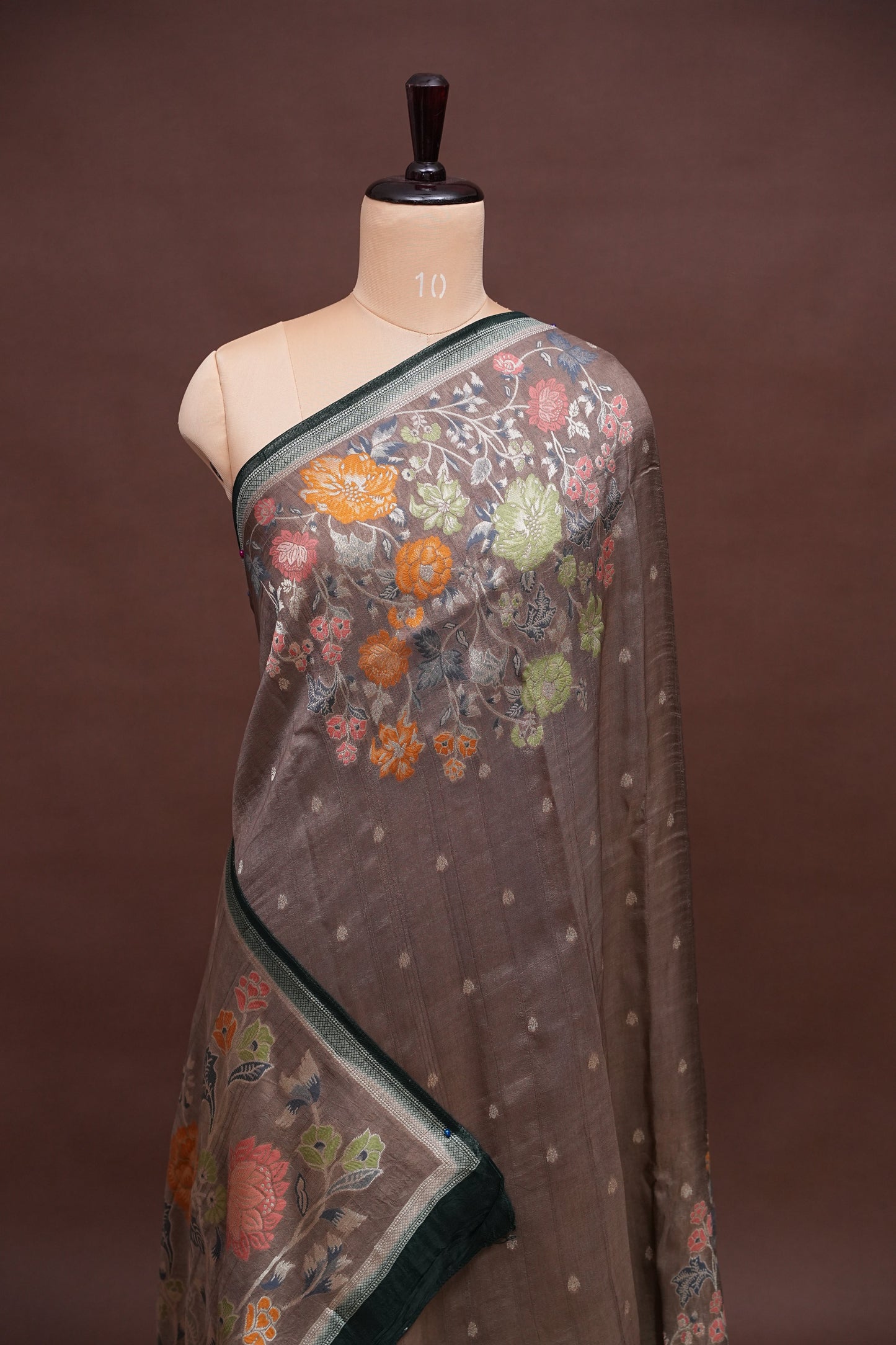 Tussar Banarasi Raw Silk Saree with Floral Digital Prints - Charcoal Grey