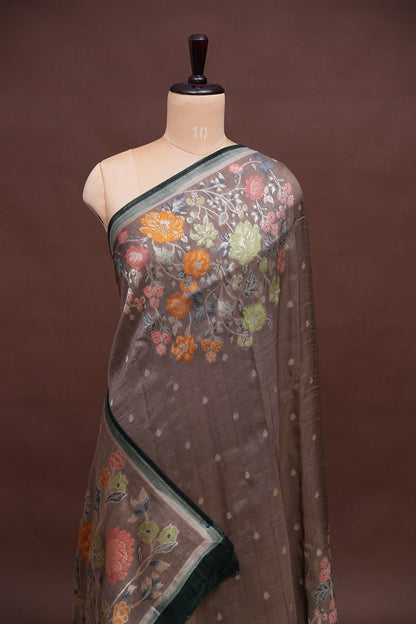 Tussar Banarasi Raw Silk Saree with Floral Digital Prints - Charcoal Grey