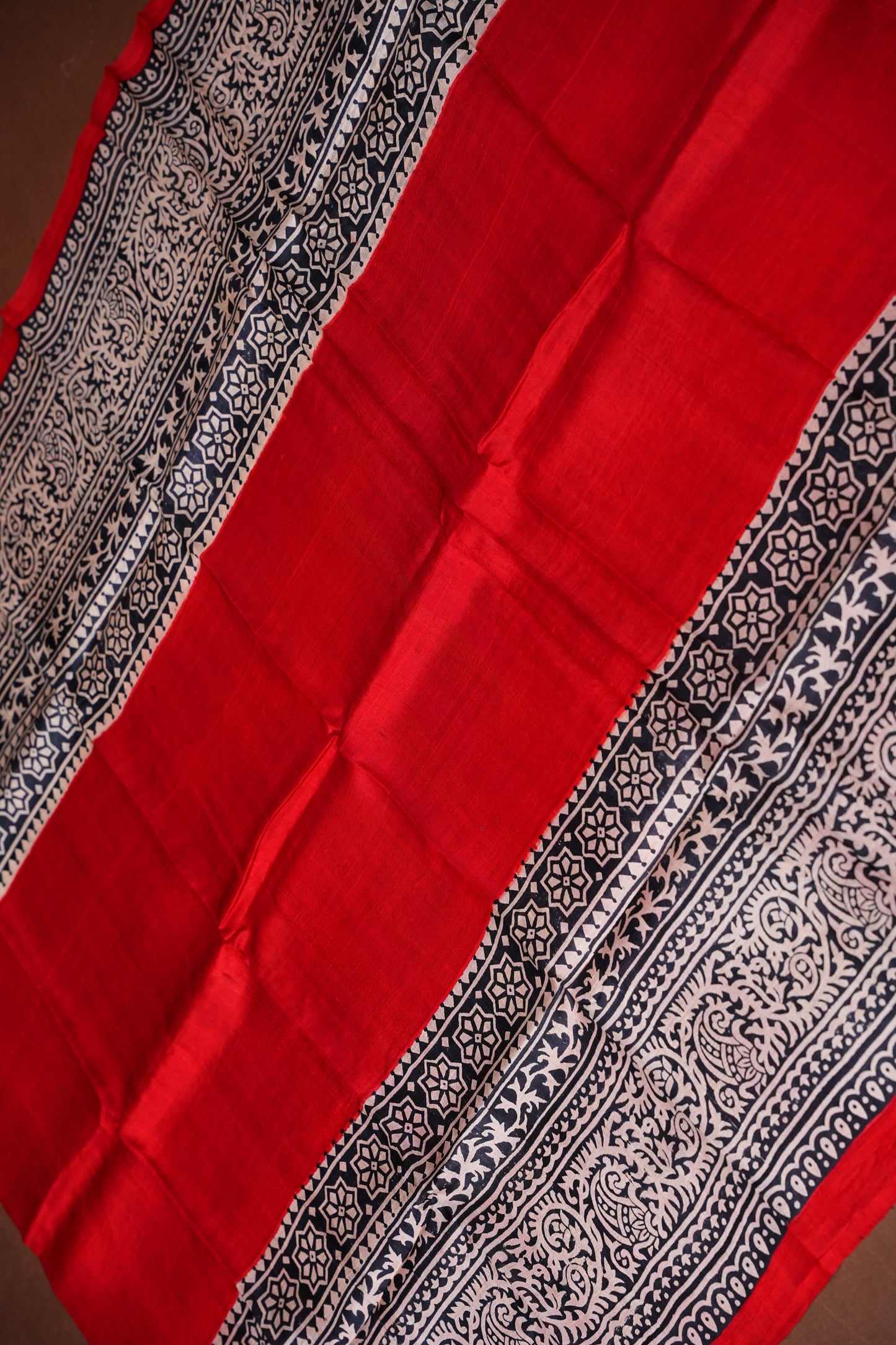 Purely Handpainted Classic On Pure Tussar Silk Saree - Red & Black|Silk Mark Certified