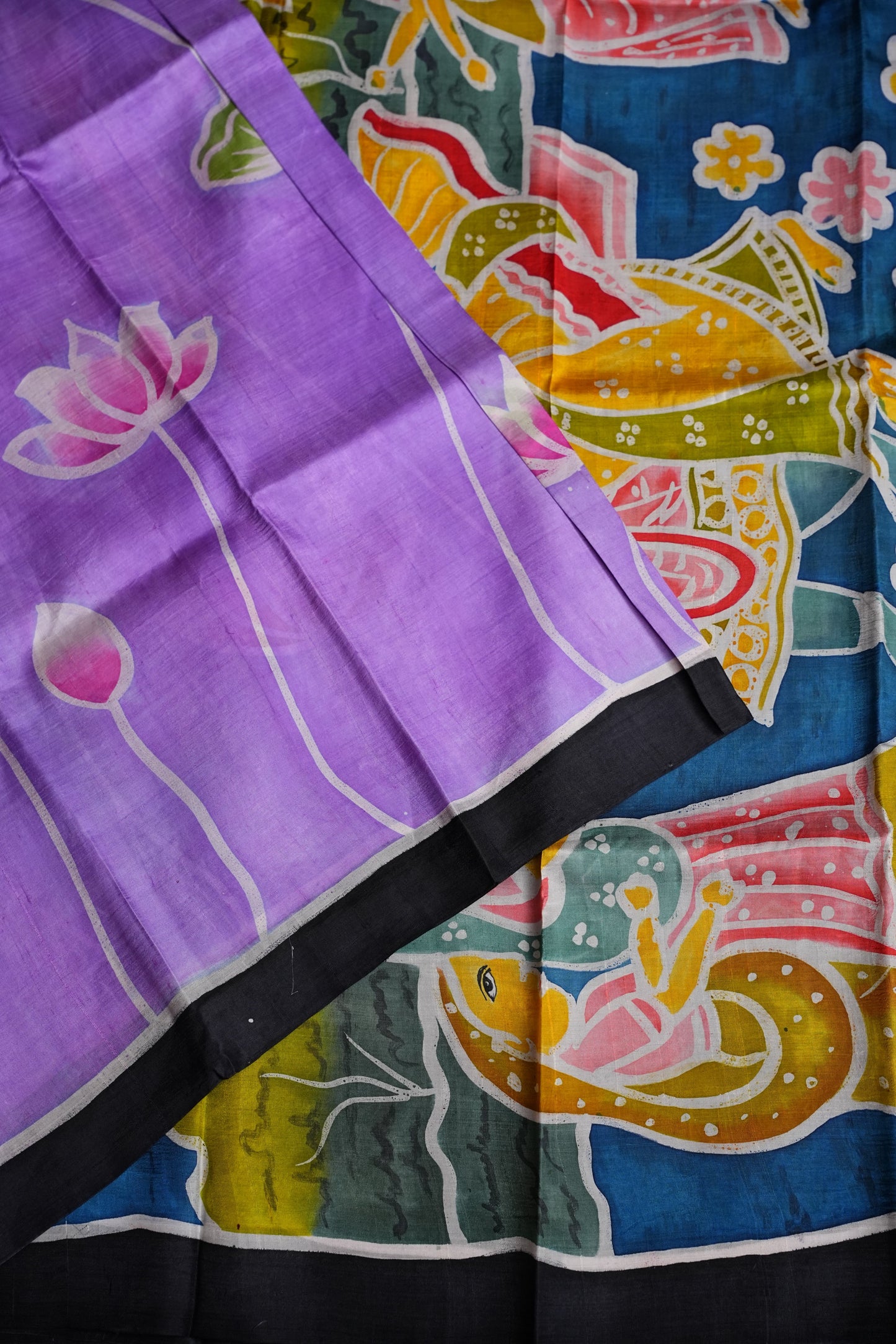 Purely Handpainted Batik Floral On Pure Tussar Silk Saree - Lavender|Silk Mark Certified