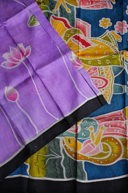 Purely Handpainted Batik Floral On Pure Tussar Silk Saree - Lavender|Silk Mark Certified