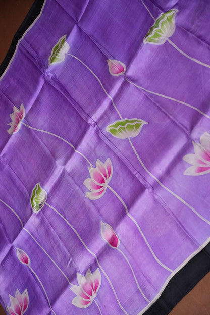 Purely Handpainted Batik Floral On Pure Tussar Silk Saree - Lavender|Silk Mark Certified