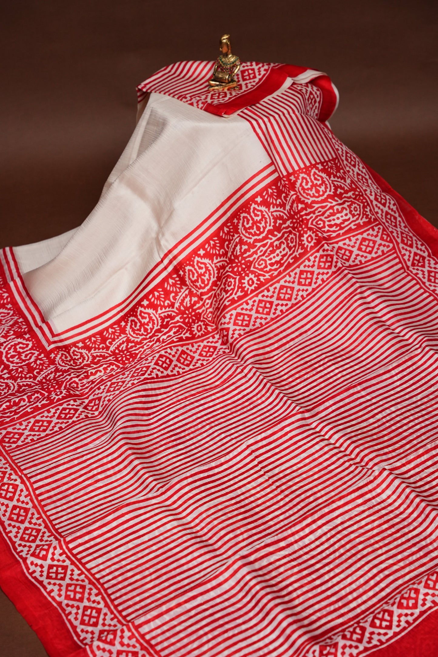 Purely Handpainted Classic On Pure Tussar Silk Saree - White & Red|Silk Mark Certified