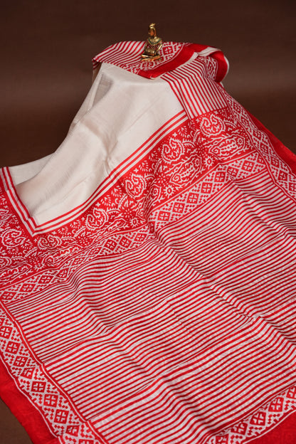 Purely Handpainted Classic On Pure Tussar Silk Saree - White & Red|Silk Mark Certified