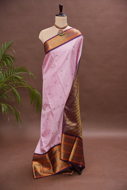 Baby Pink Pure Kanchipuram Silk Saree with Royal Violet Zari Border|Silk Mark Certified
