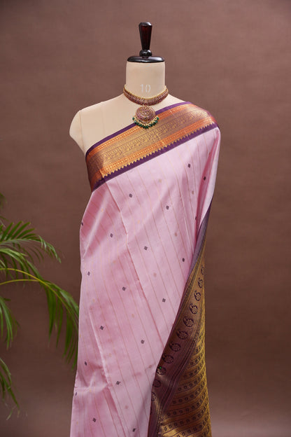Baby Pink Pure Kanchipuram Silk Saree with Royal Violet Zari Border|Silk Mark Certified
