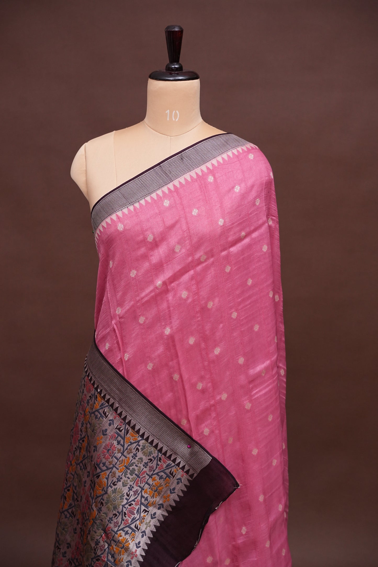 Tussar Banarasi Raw Silk Saree with Floral Paithani Weaves – Blush Pink & Deep Wine Border