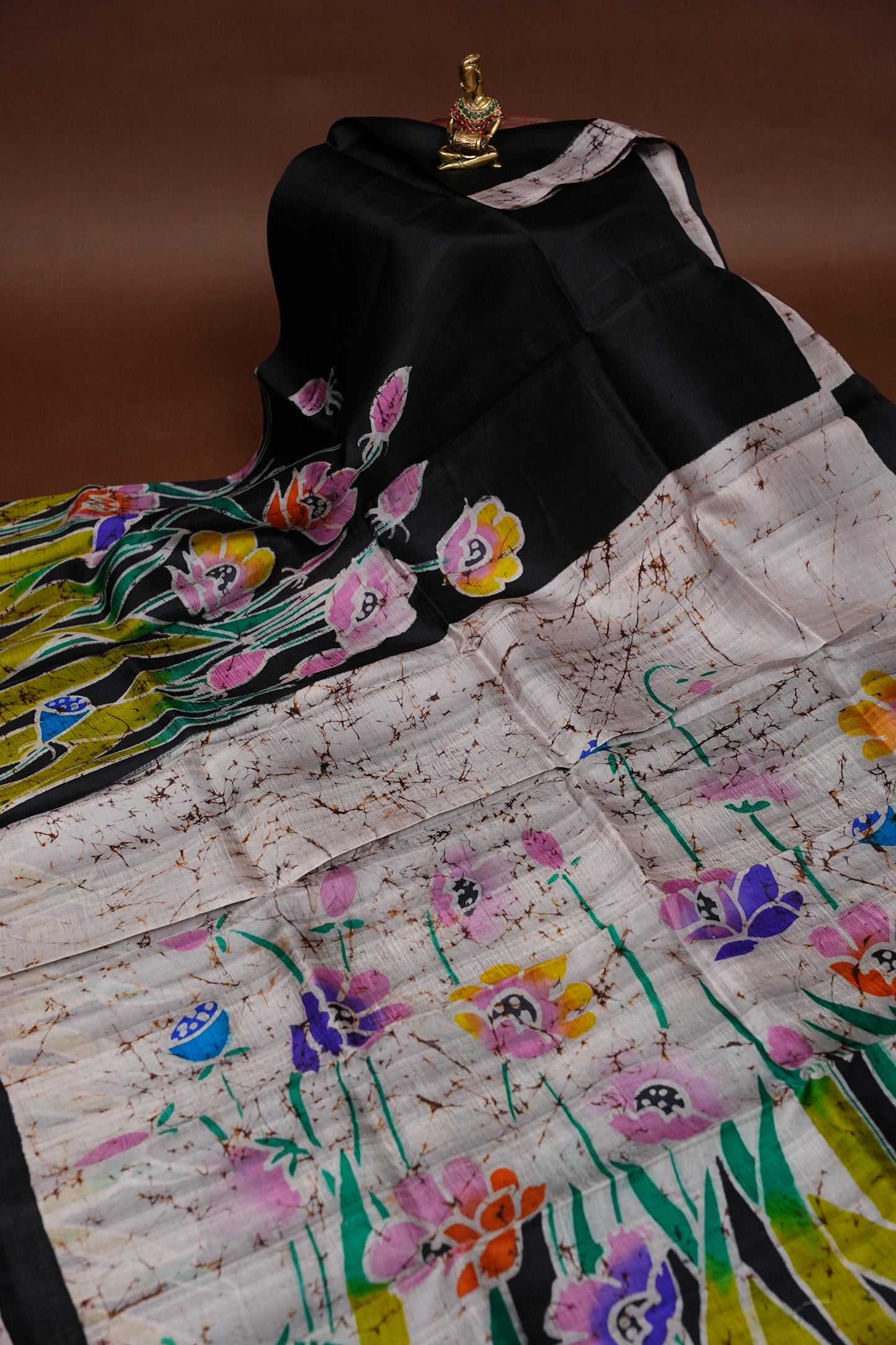 Purely Handpainted Batik Floral On Pure Tussar Silk Saree - Black|Silk Mark Certified