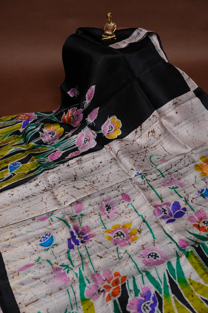 Purely Handpainted Batik Floral On Pure Tussar Silk Saree - Black|Silk Mark Certified