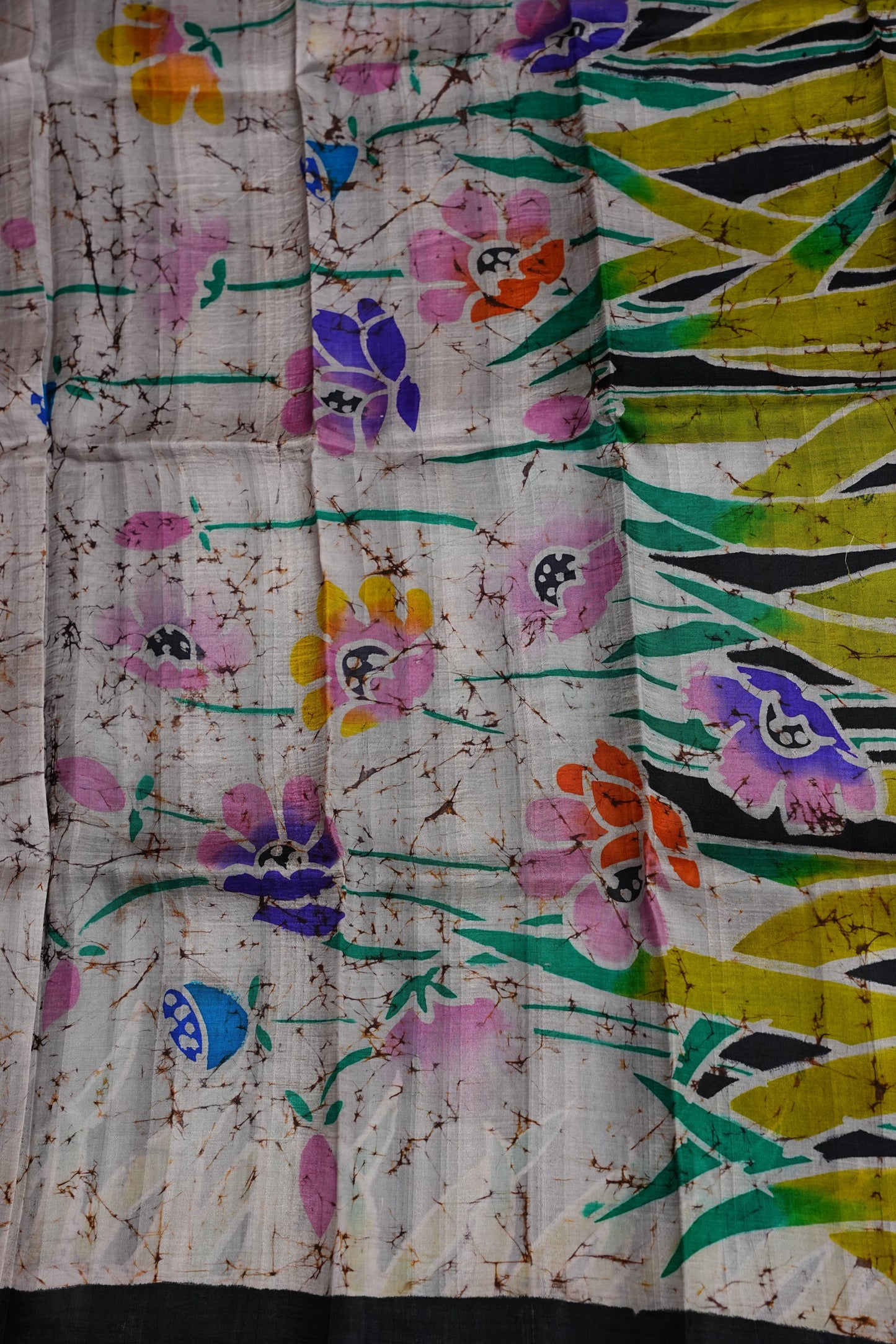 Purely Handpainted Batik Floral On Pure Tussar Silk Saree - Black|Silk Mark Certified