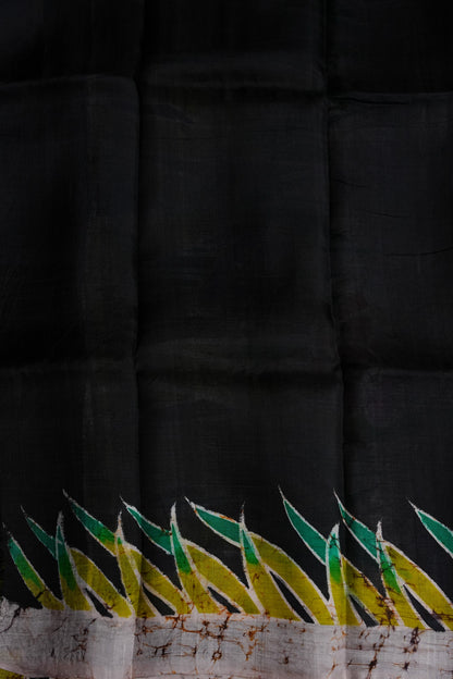 Purely Handpainted Batik Floral On Pure Tussar Silk Saree - Black|Silk Mark Certified