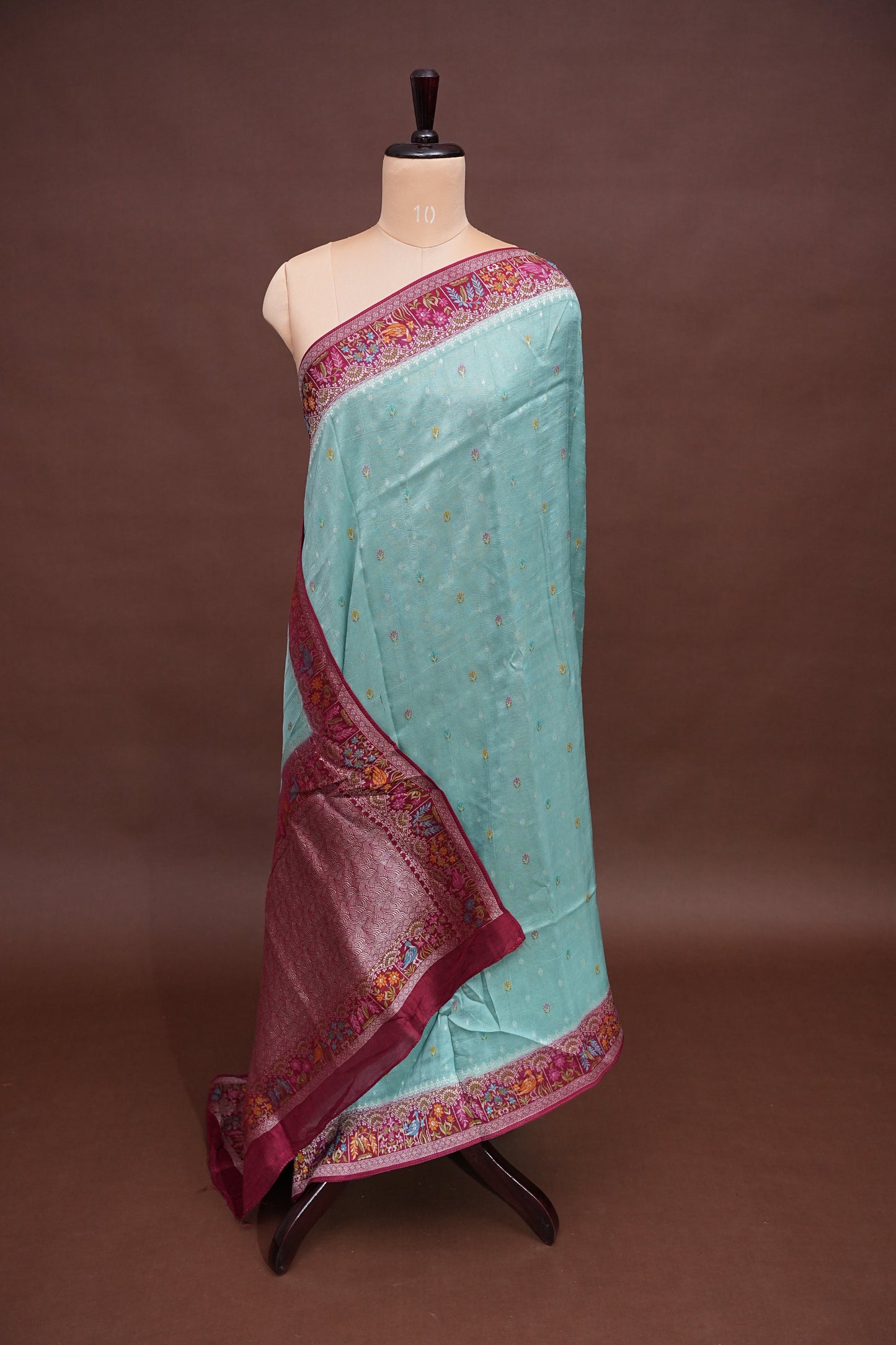 Tussar Banarasi Raw Silk Saree with Floral Paithani Weaves – Mint Green & Wine