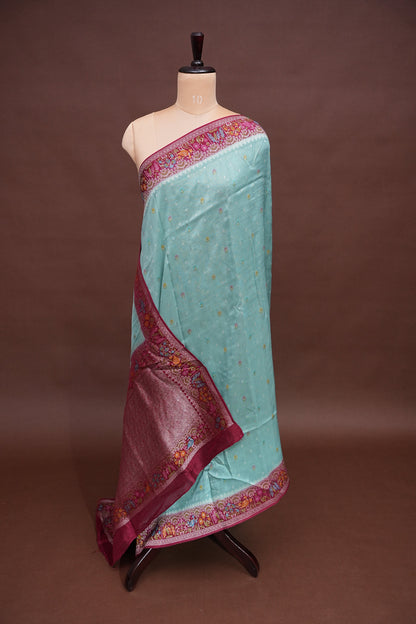Tussar Banarasi Raw Silk Saree with Floral Paithani Weaves – Mint Green & Wine