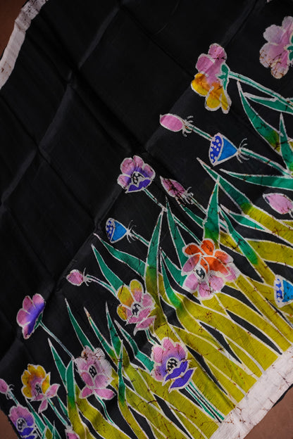 Purely Handpainted Batik Floral On Pure Tussar Silk Saree - Black|Silk Mark Certified