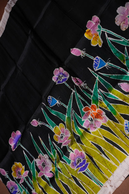 Purely Handpainted Batik Floral On Pure Tussar Silk Saree - Black|Silk Mark Certified