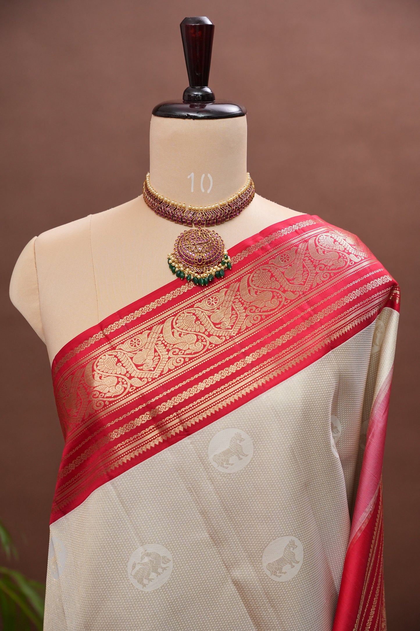Ivory White & Deep Red Pure Kanchipuram Silk Saree | Silk Mark Certified