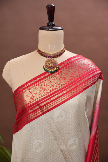 Ivory White & Deep Red Pure Kanchipuram Silk Saree | Silk Mark Certified